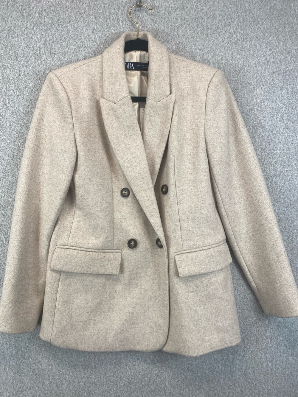 Zara Blazer Wool Blend Tan Womens Size S Neutral Basics Double Breasted Preppy